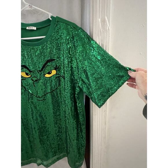 Why Dress Green Sequin Grinch Mini Dress/tunic Oversized T Shirt Dress Sz S - Picture 3 of 8